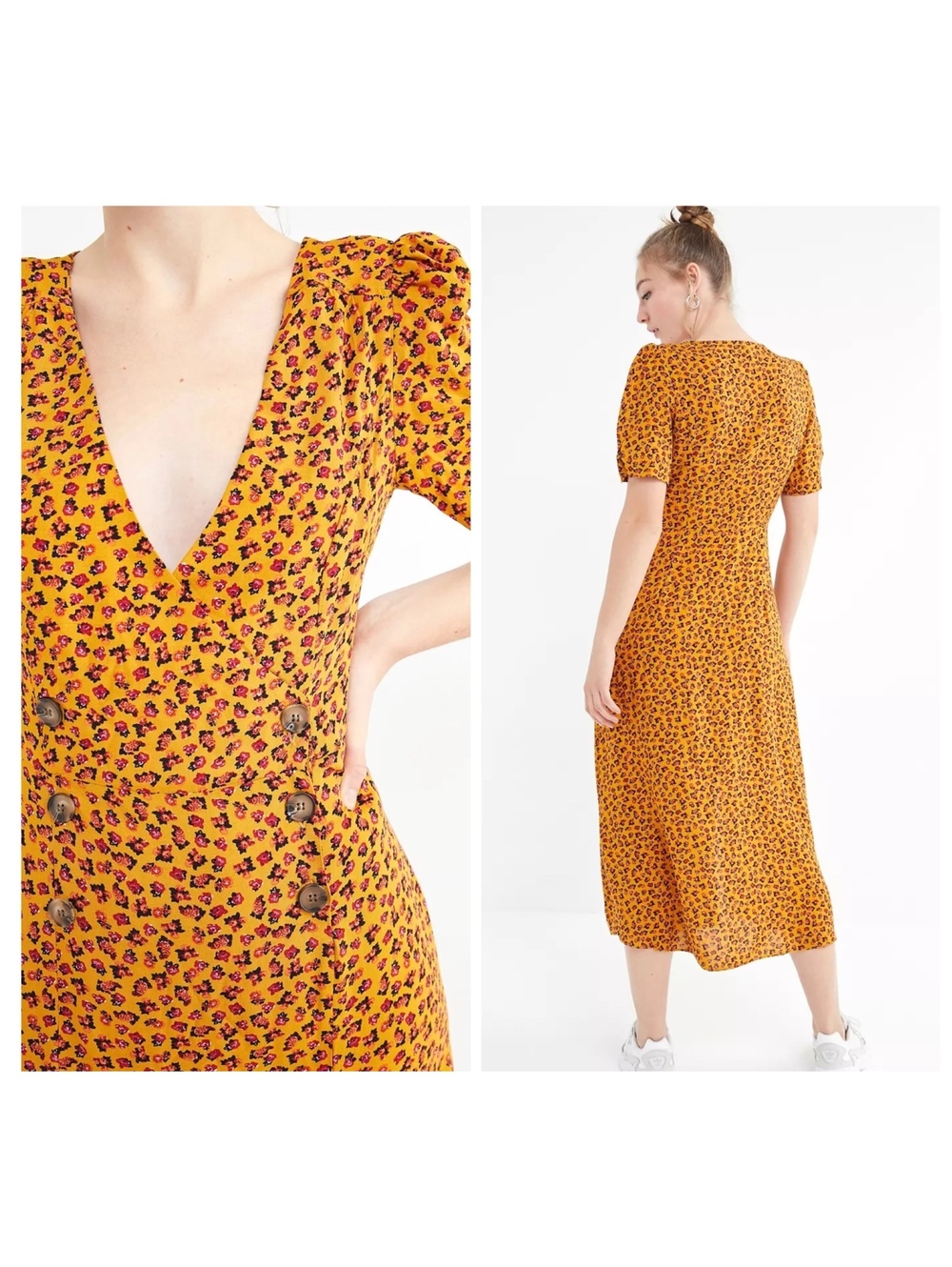 Urban outfitters NWOT $79 Woman’s S Mustard leopard print shortsleeve midi dress